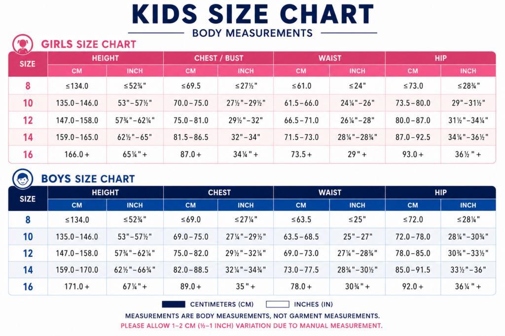 Kids 8Y-16Y Boy and Girl Size Chart